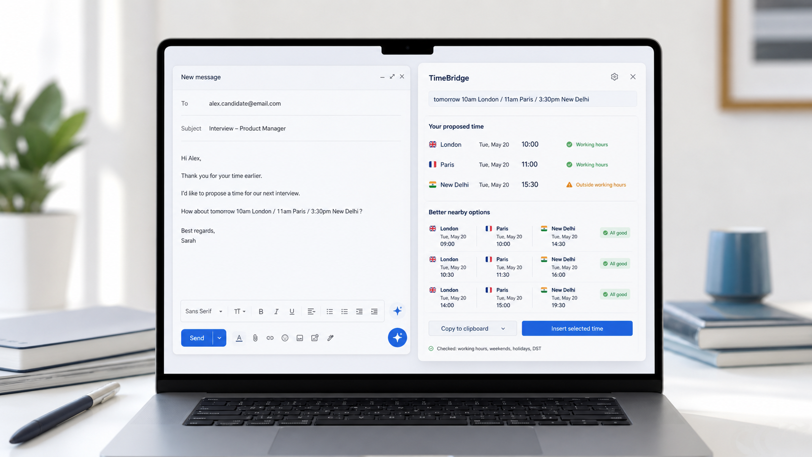 Recruiting message draft with Akiwaki Assist preparing interview time options across London, Paris, and New Delhi
